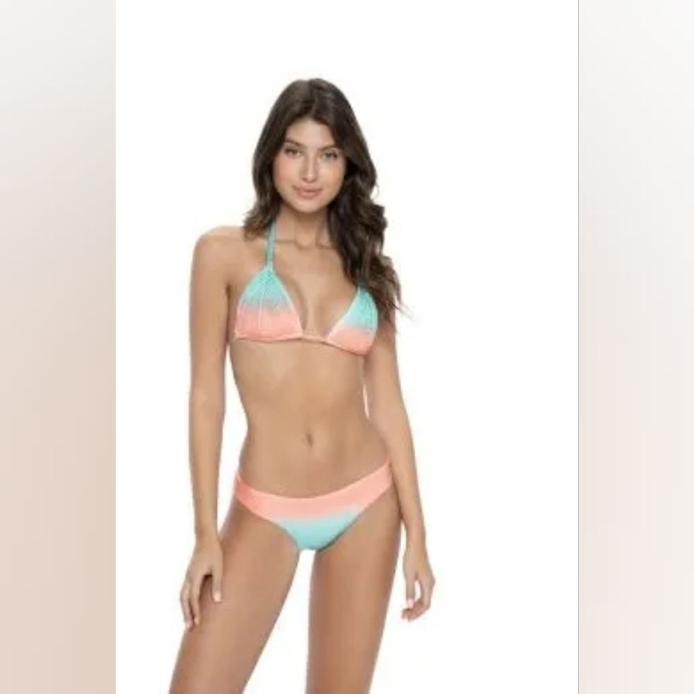 PQ Swim Sunset Basic Ruched Bikini Bottom Teal Green Blue Pink Coral NWOT Sz S